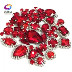 Mix Shape Red Crystal Buckle Glass Rhinestones, Silver Bottom, DIY Clothing Sewing Accessories, Used for Needlework, 50Pcs/bag