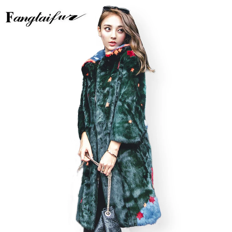 Ftangaiur Winter Import Velvet Mink Fur Coat Print Flower Mink Coats Slim Turn-Down Collar Women X-Long Real Mink Fur Coats