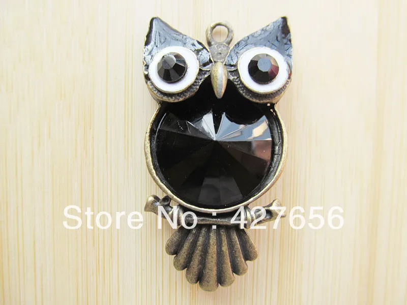 1pcs large antique bronze tone night owl pendant charm/finding with 3pcs black rhinestone B0003