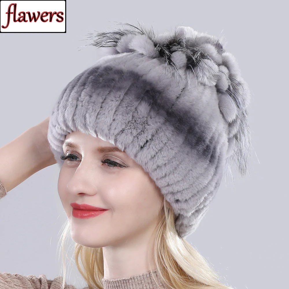 Good Elastic Knit Real Rex Rabbit Fur Beanies Hats Women Real Sliver Fox Fur Skullies Hat 100% Real Natural Rex Rabbit Fur Caps