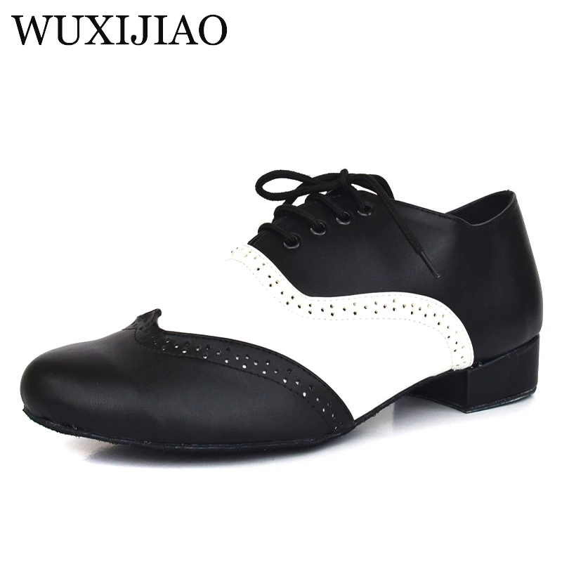 WUXIJIAO Men\'s Black White Real Leather Flats Modern dance shoes Tango Party Wedding Square dance shoes