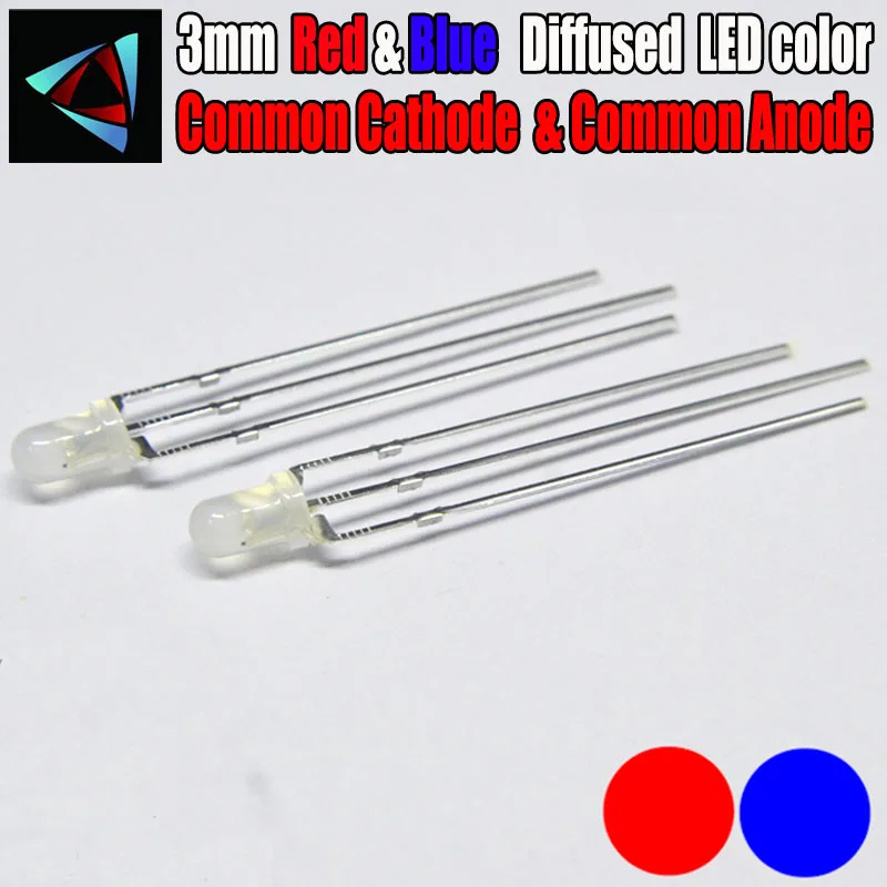 50pcs LED 3mm Diffused Blue And Red Common Cathode Common Anode 3 Pin Round 3 mm Bi-Color LED Light-Emitting Diode