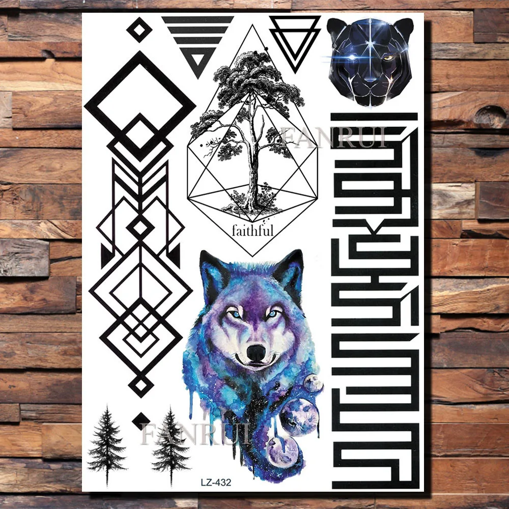 FANRUI Geometric Rose Flower Galaxy Wolf Temporary Tattoo Sticker Triangle Tatoo Owl Feather Body Art Arm Armband Custom Tatoos