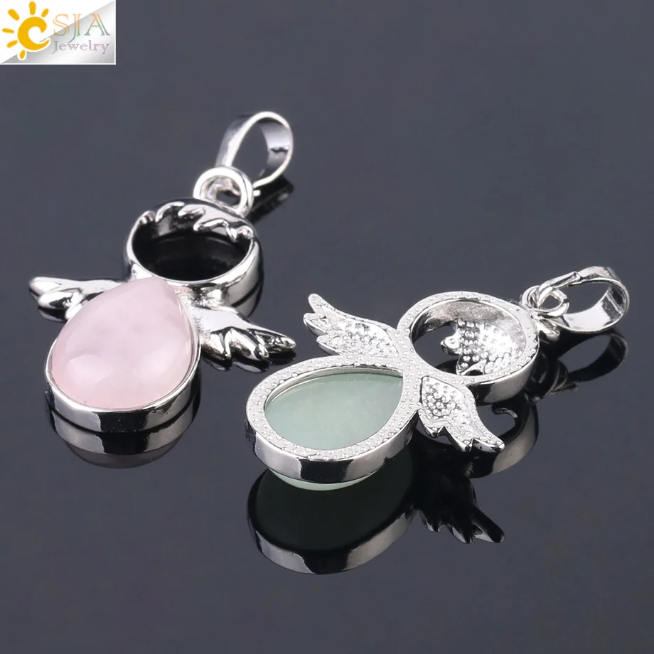 CSJA Angel Wings Natural Stones Pendants Pink Quartz Fairy Angels Pendant for Necklaces Women Girls Jewelry Christmas F753