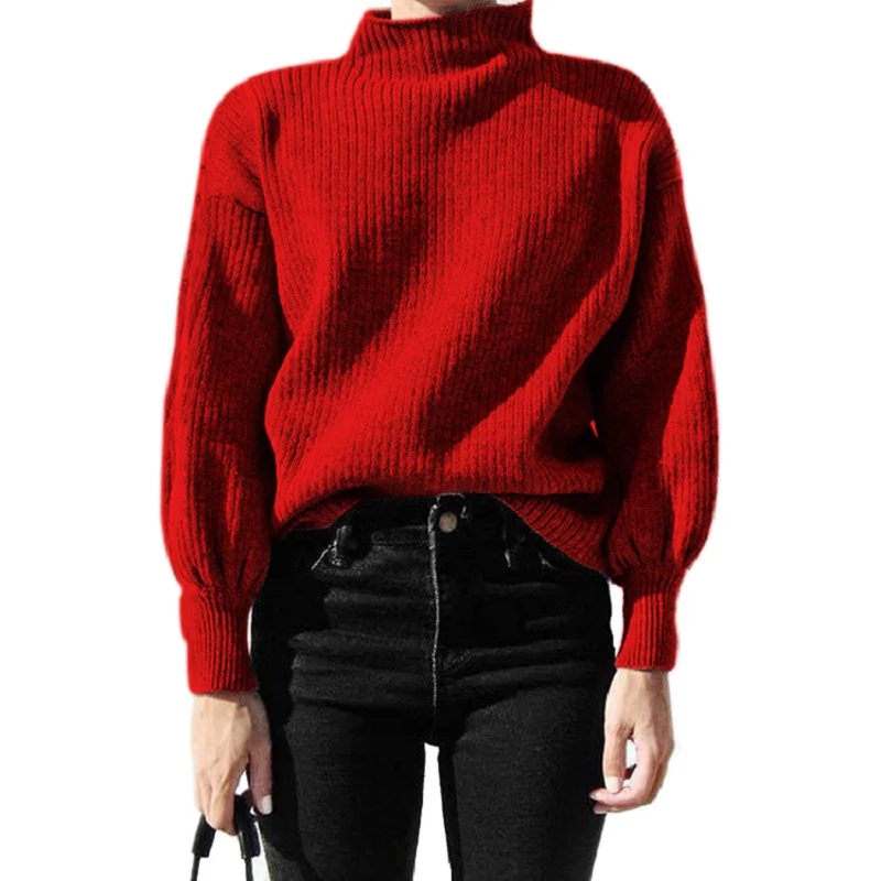 

Winter lantern sleeve knitted sweater pullover Women loose round neck red sweater Female autumn casual sweater jumper women