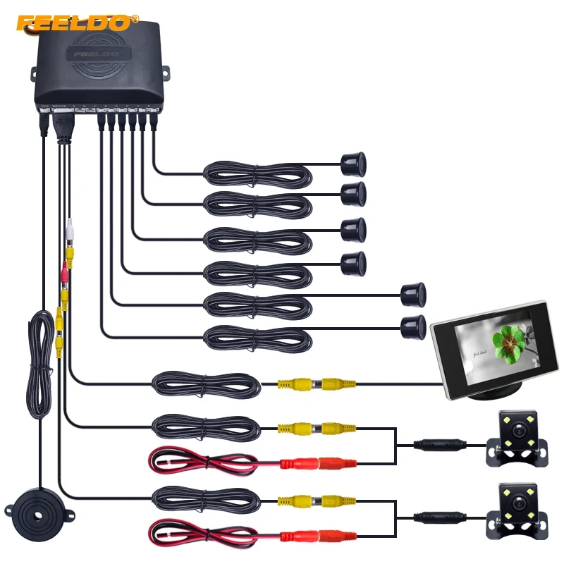 

FEELDO 1Set Car 6 Sensors/4-LED Camera/Monitor Front&Rear Dual View Parking Sensor Backup Radar System #AM4447