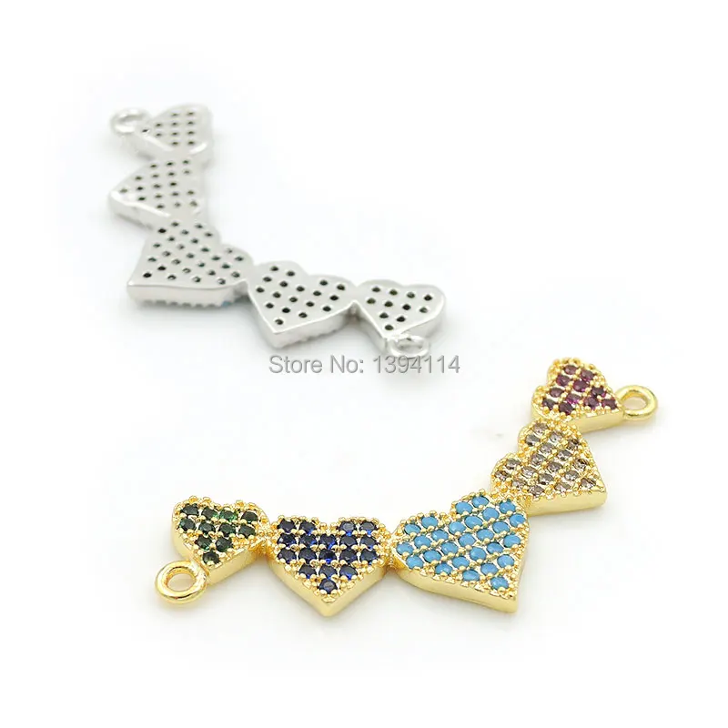 32*15*2mm Micro Pave CZ Of Mixing Colors Combination Arc Of 5 Hearts Charm Of Double Circles Fit As Necklaces Accessory