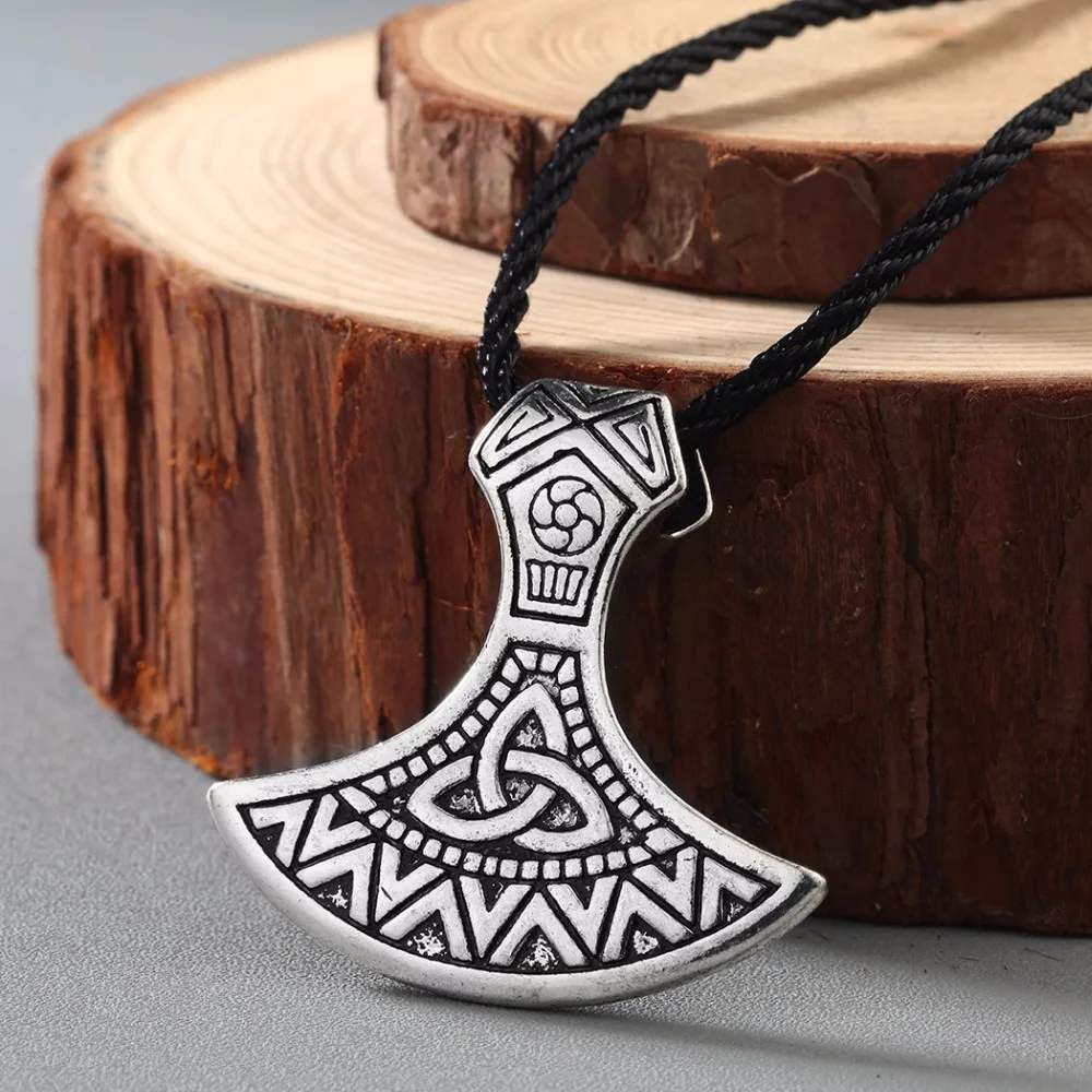 Kinitial Thor Hammer Axe Jewelry Valknut Odin \'s Symbol of Norse Necklaces Slavic Viking Warriors Men Axe Pendant Necklace