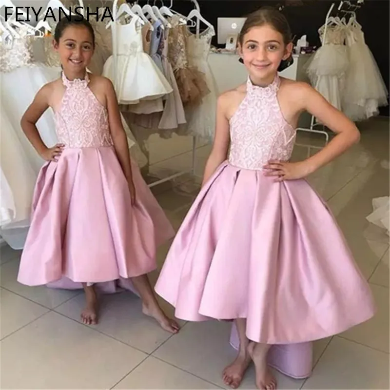 El vestido más nuevo de la muchacha de la flor con el tren del barrido sin hombros vestido rosado de la princesa sin espalda para los Vestidos de las fiestas de la niña de boda