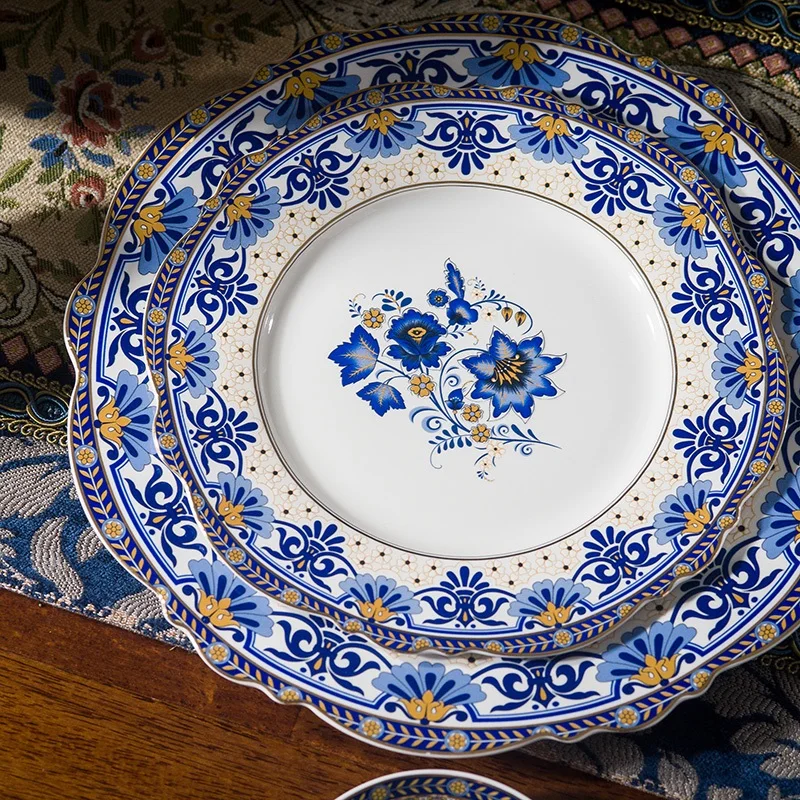 American European Blue and White Enamel Porcelain Tableware Vegetable Plate Household Rice Plate Ceramic Plate Fish Plate Se