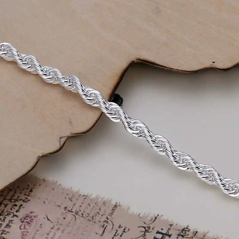 Pulsera de cadena de cuerda trenzada para hombre y mujer, brazalete de 4MM y 20CM, chapado en plata, venta al por mayor