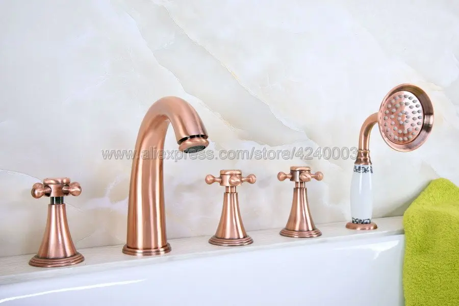 

Antique Red Copper Deck Mounted 5pcs Bath tub Faucet Mixers Widespread Bathtub Faucet with Handshower Ktf206