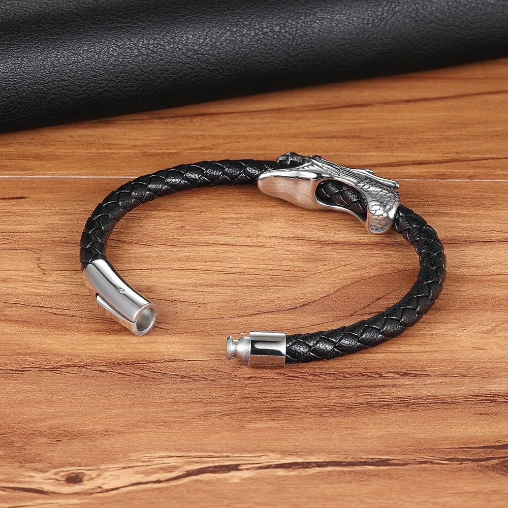 TYO 19/21CM Retro Chinese Symbol Dragon Pattern Genuine Leather Bracelet with Magnet Clasp Men Jewelry Birthday Party Gift