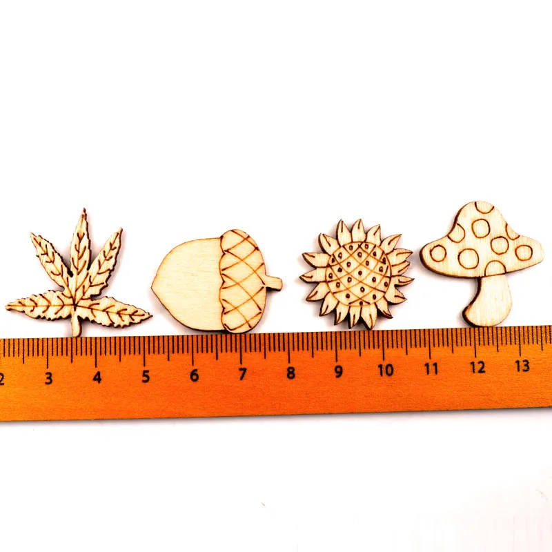 Home Decoration Handmade Accessory Scrapbooking Craft DIY Natural Flower Leaves Pattern Wooden Embellishment 24-30mm 50pcs