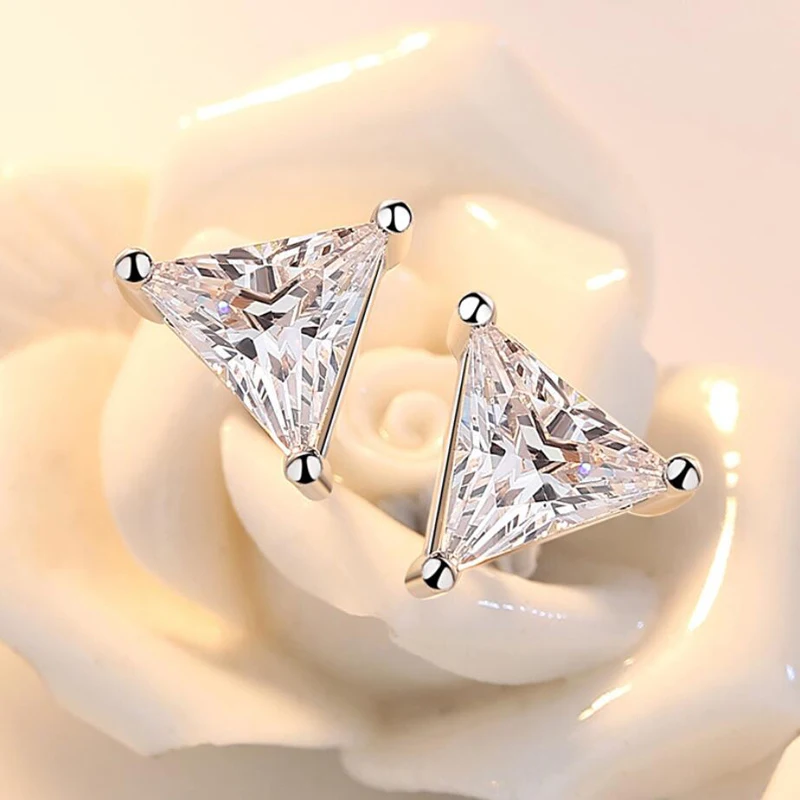 KOFSAC Hot Trendy 925 Sterling Silver Stud Earrings For Women Wedding Jewelry Shiny Crystal Triangular Earring Female Party Gift