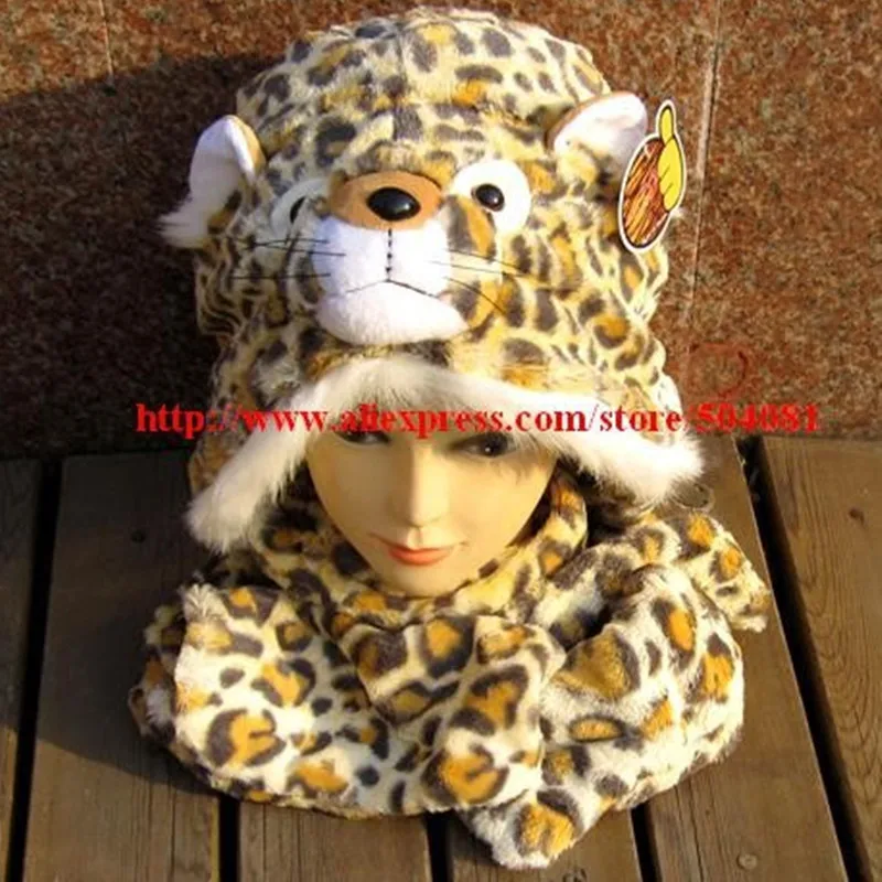 2023 Fashion Animal Hood Unisex Winter Husky Cat Tiger Hat Long Fluff Performance Props Cartoon Hat Scarf, Hat & Glove Set Plush