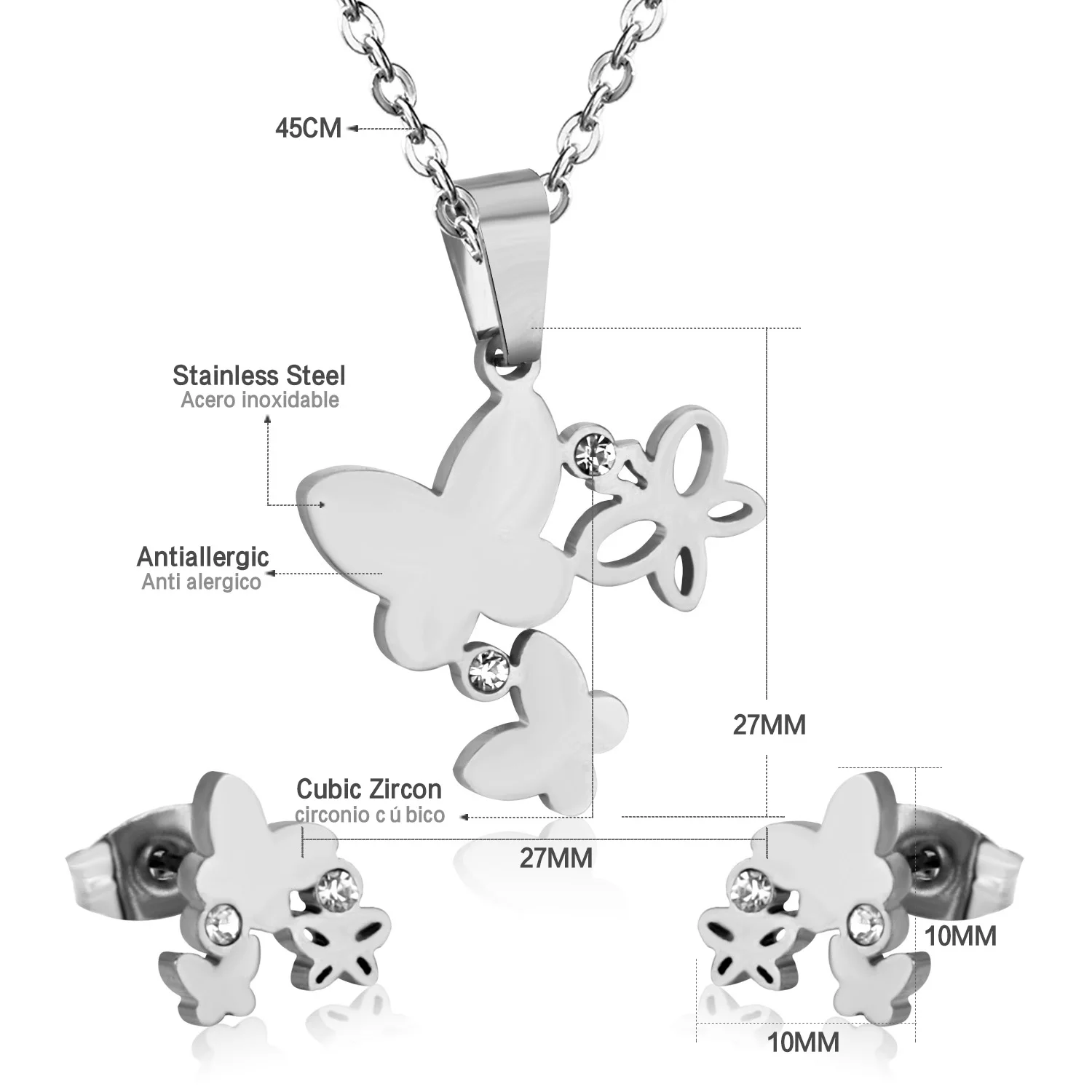 LUXUSTEEL Cute Jewelry Sets Stainless Steel Butterfly Pendant Necklace Earring Sets With Cubic Zirconia For Women/Girl Bijoux
