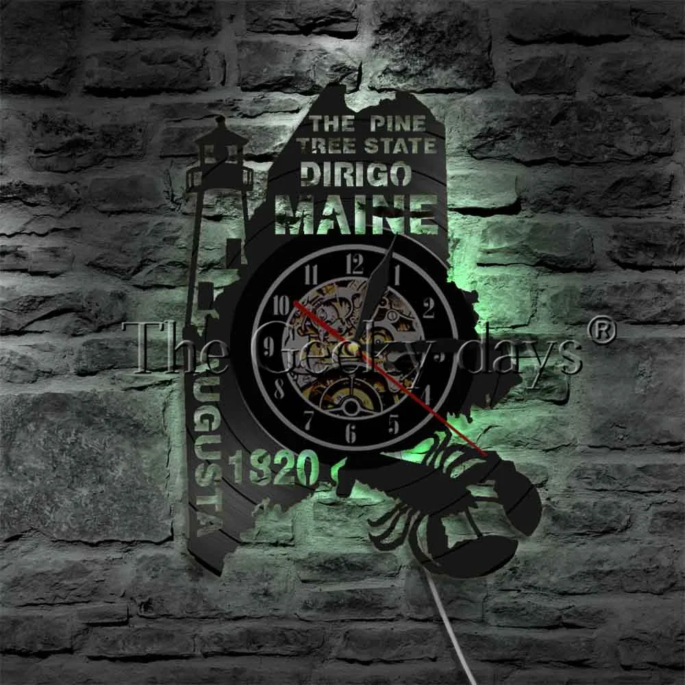 The Pine Tree State Dirigo Maine Wall Clock Vinyl Record Led Night Light Augusta Multi Color Home Decorative Wall Art