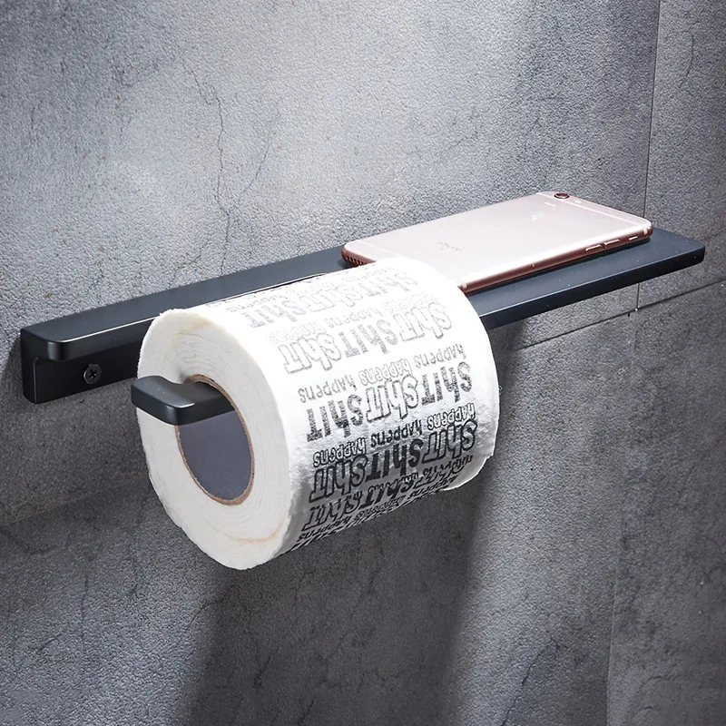 Solid Aluminun Matt Black Toilet Paper Holder Phone Shelf Storage Rack Wall Mounted Bathroom Roll Paper Holder with phone Holder