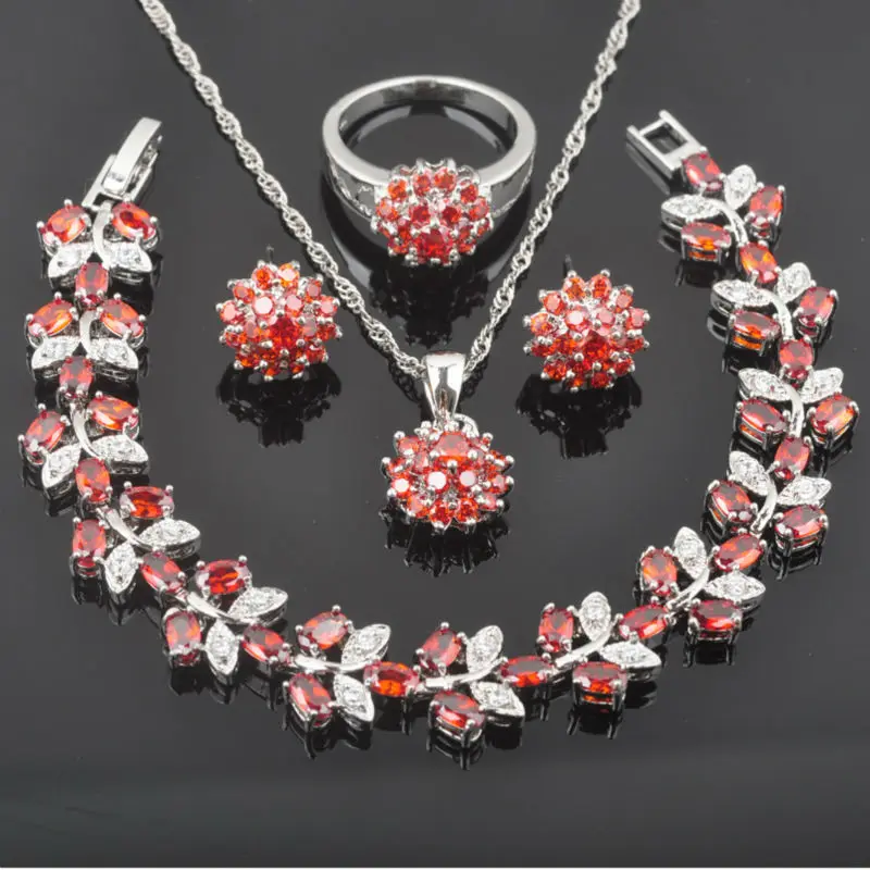 

Sparkling Red Zirconia For Women Wedding Silver Color Jewelry Sets Bracelet Necklace Pendant Earrings Ring Birthday Gifts QS0228