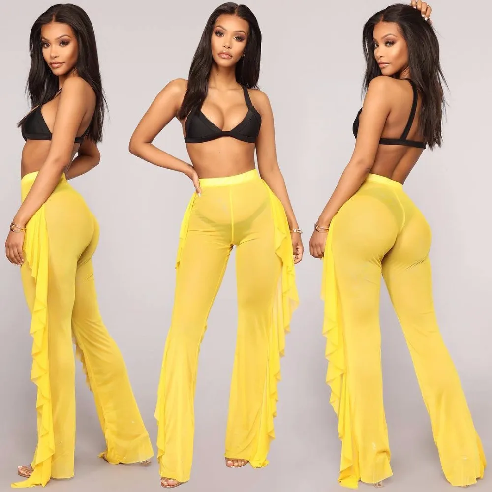 BKLD Summer New Ruffle Trousers For Women Wide Leg Pants Female Bottoms High Waist Casual Womens Beach Transparent Mesh Pants