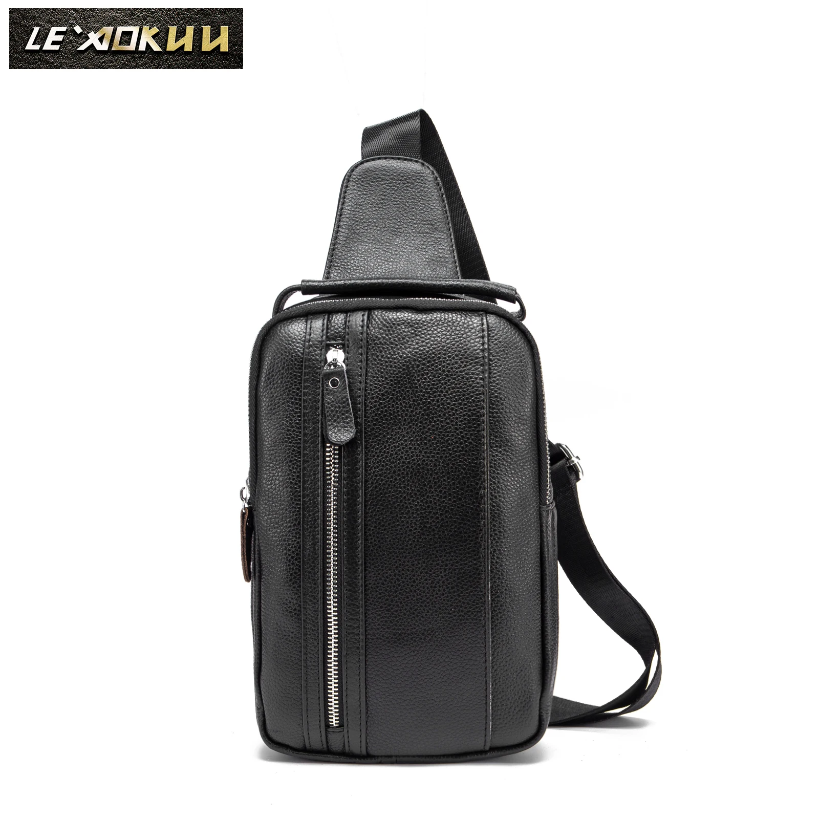 

Men Quality Leather Casual Triangle Chest Sling Bag 8" Tablet Design One Shoulder Bag Fashion Crossbody Bag Daypack Male 8693