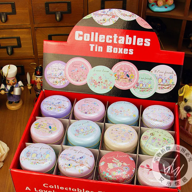 

36pcs/box Cartoon Owl Design Tin Storage Box Round Jewelry Box Portable Sundrie Case Pill collect Box Mini Gift Box