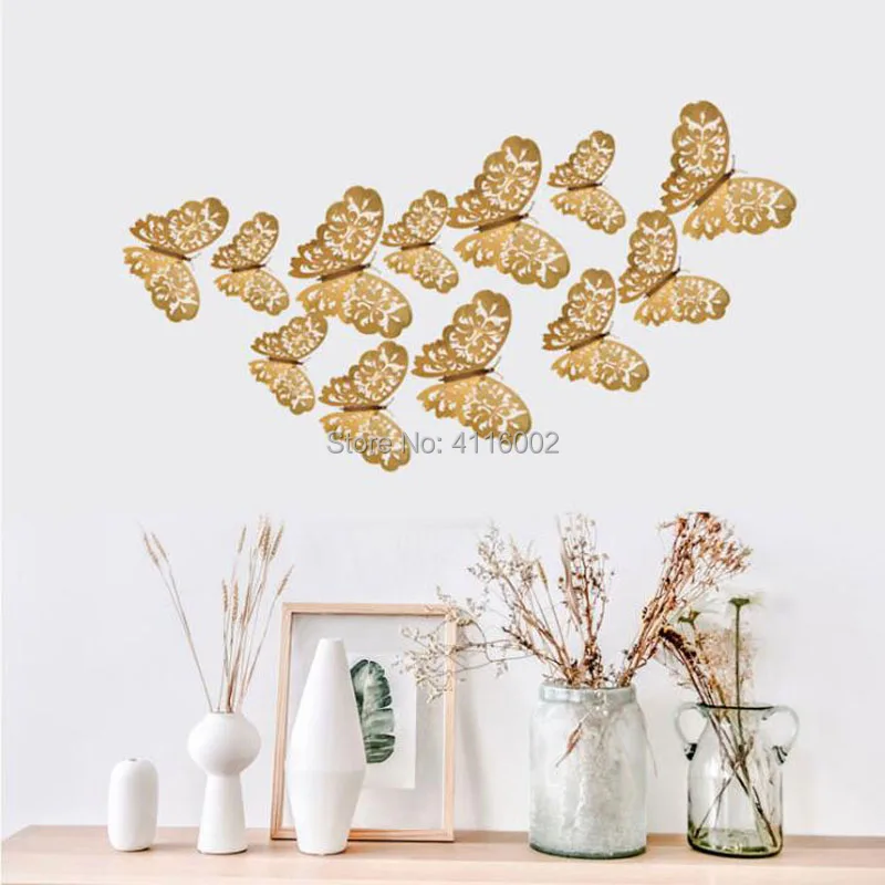 100Sets 12 Pcs/Set 3D Wall Stickers Butterfly Hollow Paper 3Sizes Silver Gold For Fridge Home Party Wedding Decor