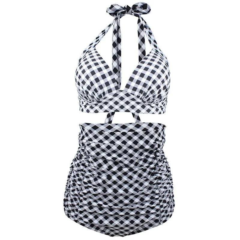 2018 wysokiej talii strój kąpielowy Plus rozmiar stroje kąpielowe Retro 50s Vintage karnawał kraty klasyczne Bikini Sete stroje kąpielowe strój