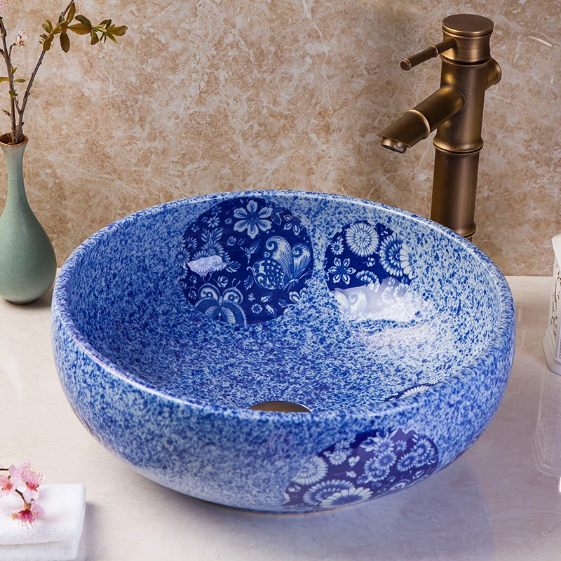 

Blue And White China Artistic Handmade Ceramic wash basin Lavobo Round Counter top commercial bathroom vanities bathroom sinks
