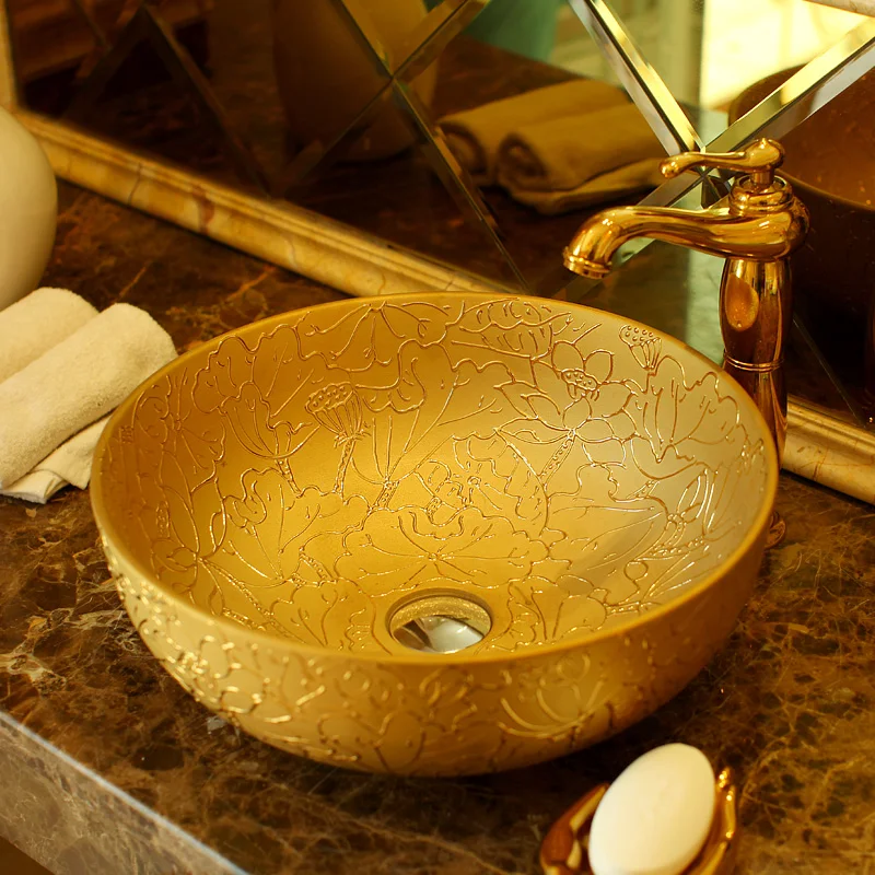 

Gold Procelain Europe Vintage Style Art wash basin Ceramic Counter Top Wash Basin Bathroom Sinks vessel bathroom sinks