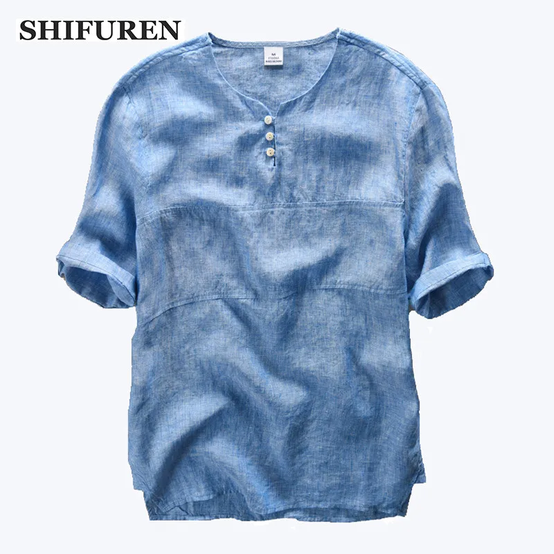 

SHIFUREN Summer Linen Shirts Men Short Sleeve Soft Breathable 100% Pure Linen Solid Male Causal Dress Shirts Tops Size M-3XL