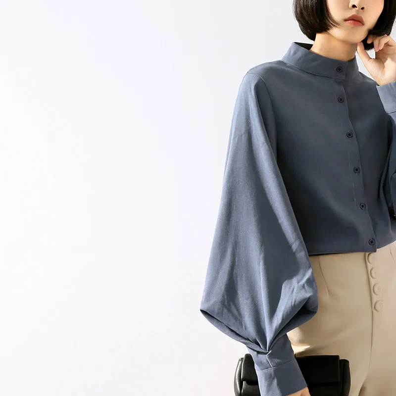 Long Wide Lantern Sleeve Blouse Women Tops and Blouses Vintage Stand Collar Button Down Shirts Female 2019 Spring Fashion Tops