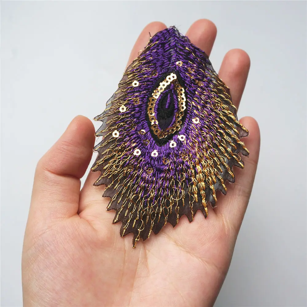 10PCS piume di pavone viola Phoenix paillettes maglia ricamata cucire ferro sulle toppe distintivi per abito Appliques fai da te decorazione