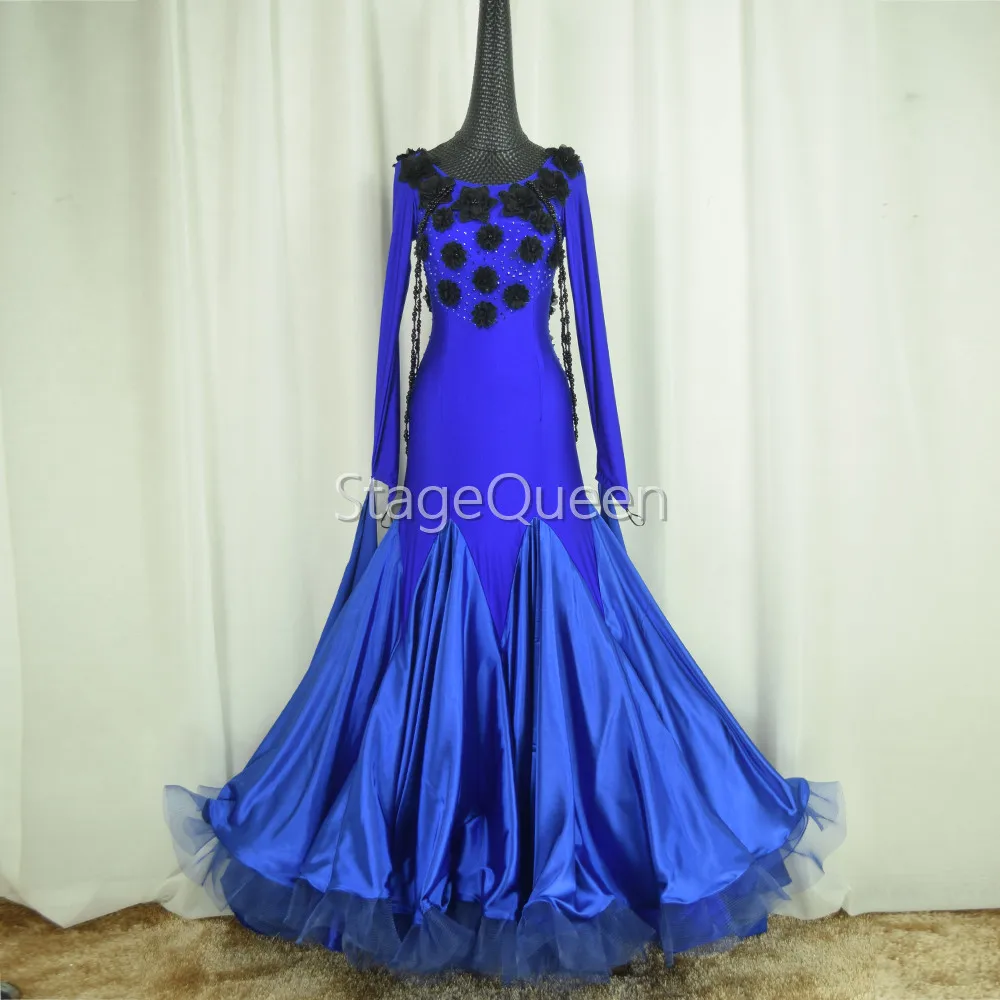 

Blue Standard Ballroom Dresses Girls Long Sleeve Lycra Stretchy Dancing Costume Adult Waltz Ballroom Competition Dance Dress