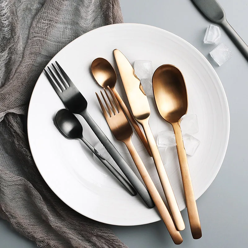 Silver Dinnerware Set, Titanium Tableware, Black Fork, Stainless Steel Steak Knife, Mirror Polish Gold Spoon, Western Cutlery