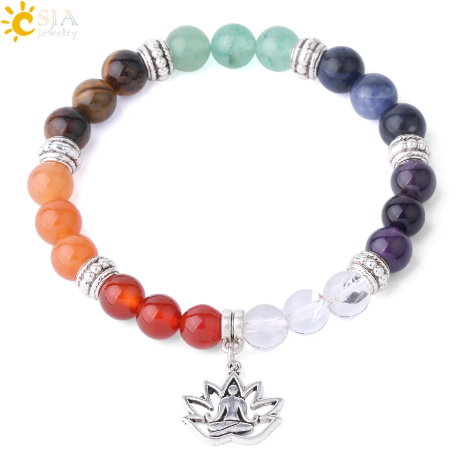 CSJA 7 Chakra Lotus Charms Bracelet Natural Stone Yoga OM 3D Pendants Meditation Healing Beads Bracelets Women Men Jewelry F823