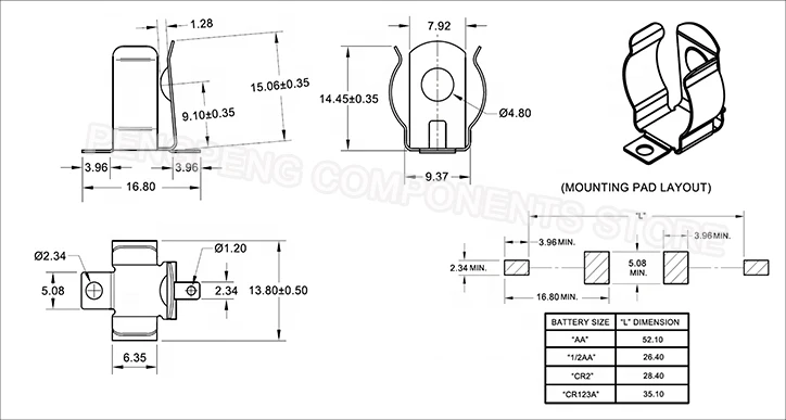 5pcs/lot Nickel Plated Spring Steel Metal Stamping AA 1/2AA CR2 CR123A Battery Clip, AA 1/2AA CR2 CR123A Battery Holder