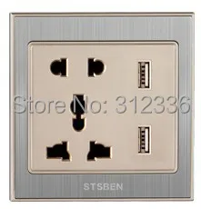 

free shipping international standard 5 Holes Socket Wall Outlet Power multifunctional socket champagne gold USB socket 2100mA