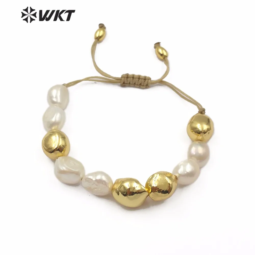 WKT WT-B454 Classic Natural Freshwater Pearl Bracelet With Gold Handmade Adjustable Jewelry For Ladies Wedding Banquet