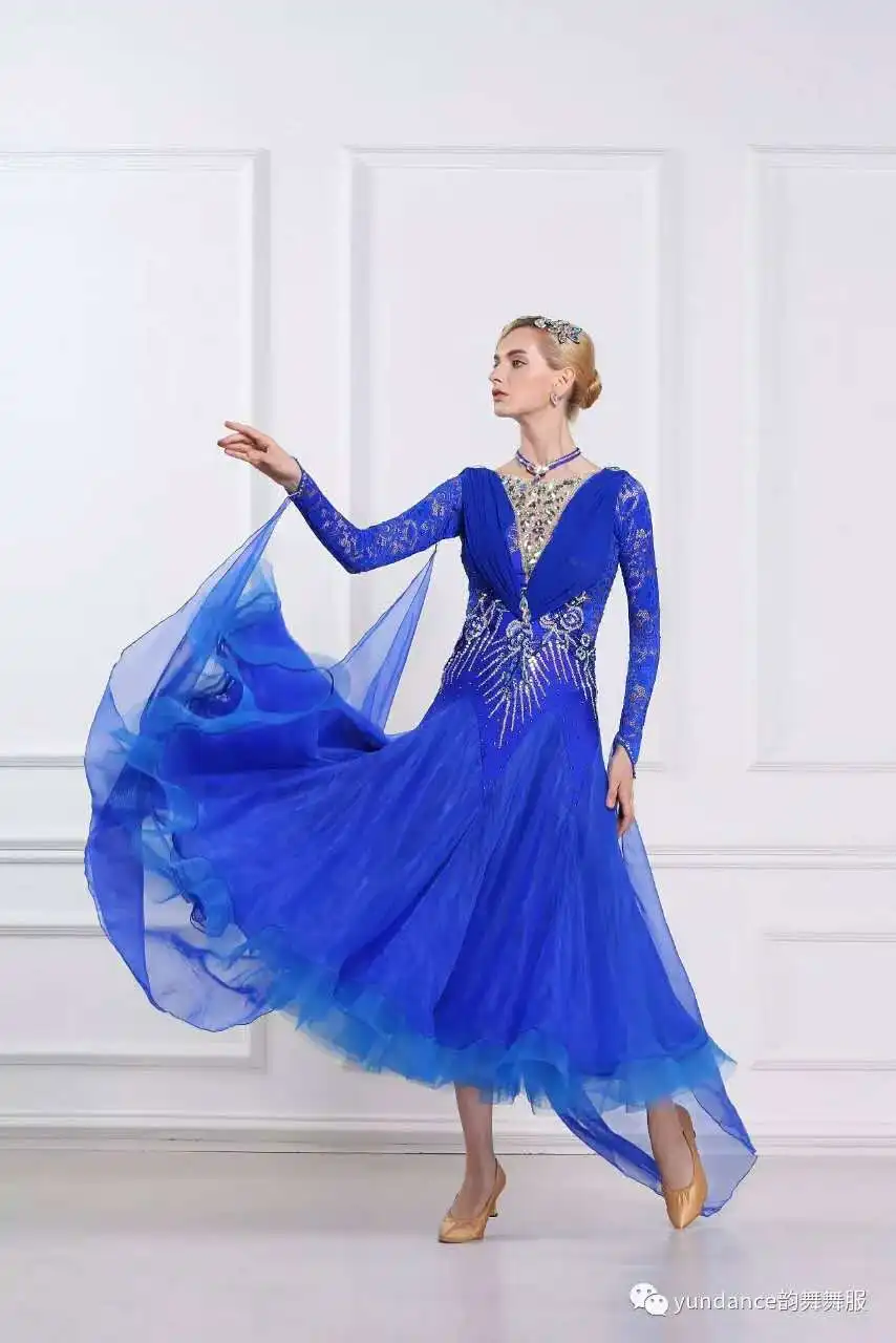 

blue color standard ballroom Waltz tango Fox trot Quick step lace Ballroom Modern competition Dress