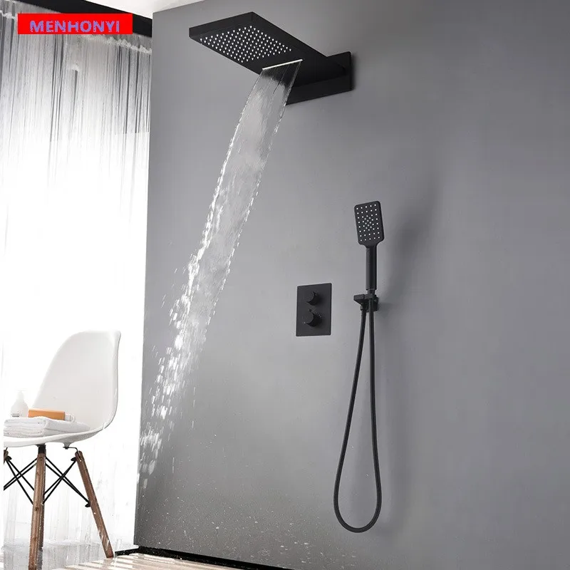 Luxury Wall mounted brass Thermostatic Bathroom Shower faucet set Waterfall Rainfall handheld shower head shower set,Black