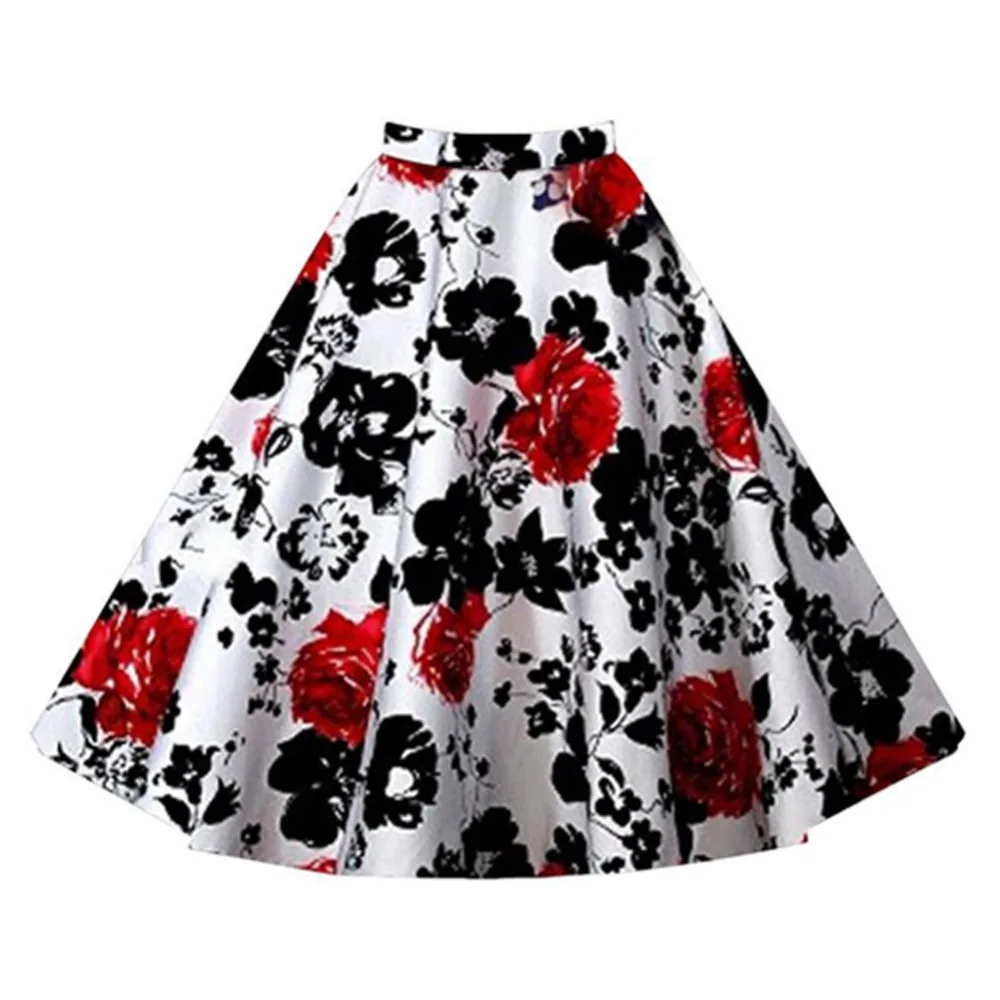 Elegan Bunga Cetak Musim Panas Seksi Wanita Rok Perempuan Bunga Lipit Hitam Merah Pin Up Tinggi Pinggang 50 S 60 S rockabilly Rok Vintage