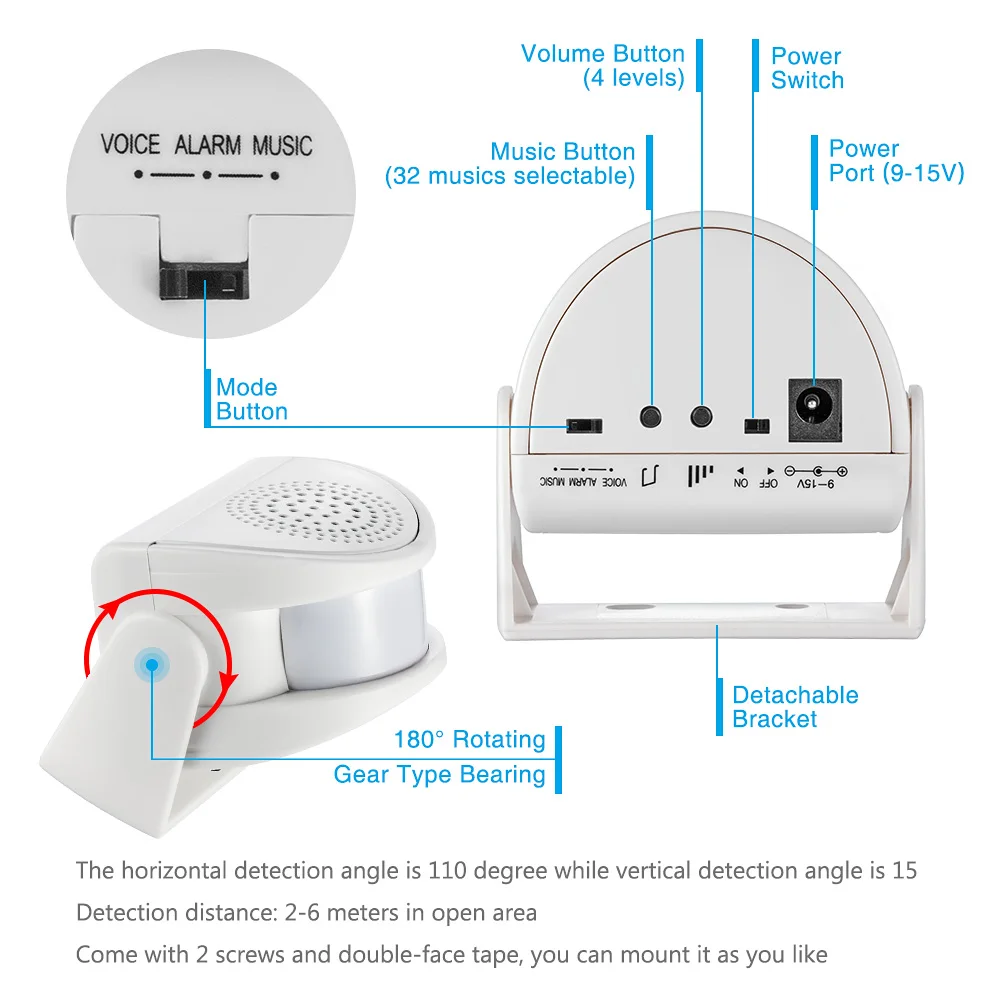 Wireless Welcome Chime Alarm Door Bell PIR Motion Sensor for Shop Entry Security Protection Alarm Doorbell with Power Supply