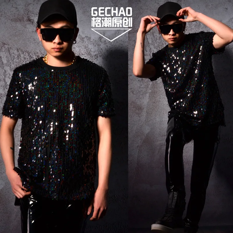 

S-5xl ! 2021 New Fashion Slim Hair Stylist Men's Clothing Dj Sequins T-shirt Plus Size Singer Costumes