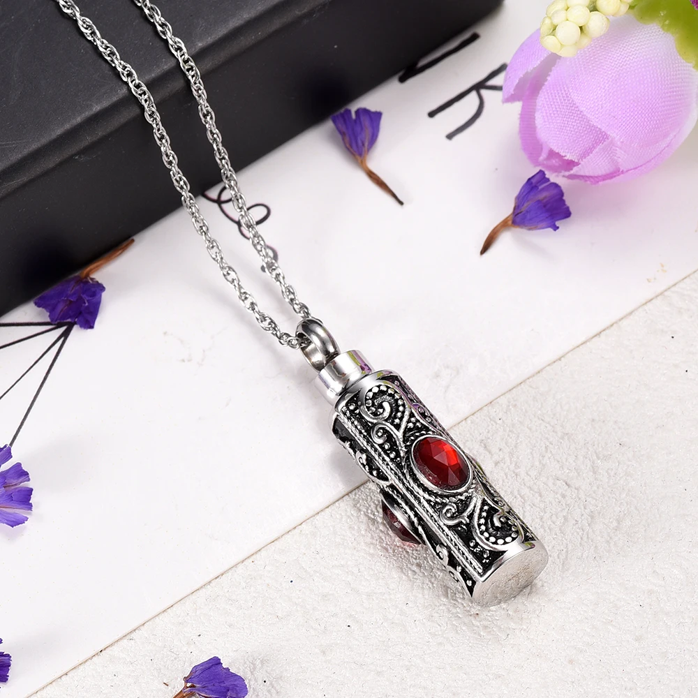 Red Birthstone Collection Necklace Stainless Steel Pendant  Ashes Keepsake  Necklace for Ashes   Cremation Urns Jewelry