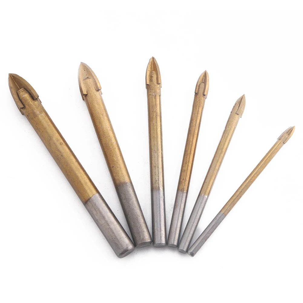 

6pcs Titanium Plating Tungsten Carbide Ceramic Tile Glass Marble Drill Set Cross Spear Head 4/5/6/8/10/12mm