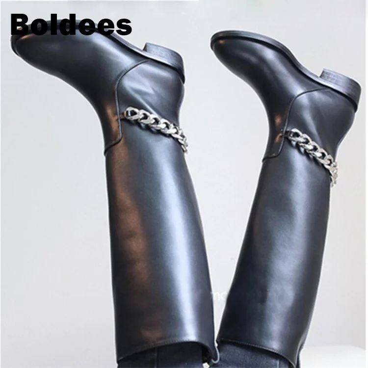 

Fashion Designer Silver Chain Women Black Real Learher Knee High Boots Low Heeled Autumn Women Booties