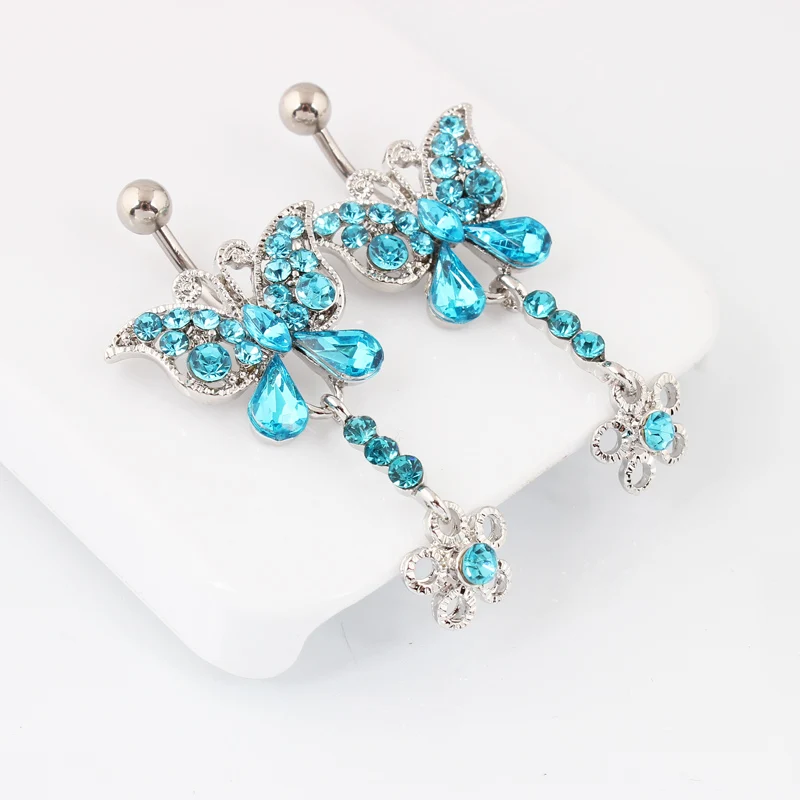Rhinestone Blue Butterfly Belly button ring Woman Fashion Body piercing Navel ring jewelry  14G 316L Surgical steel Bar TAIERS