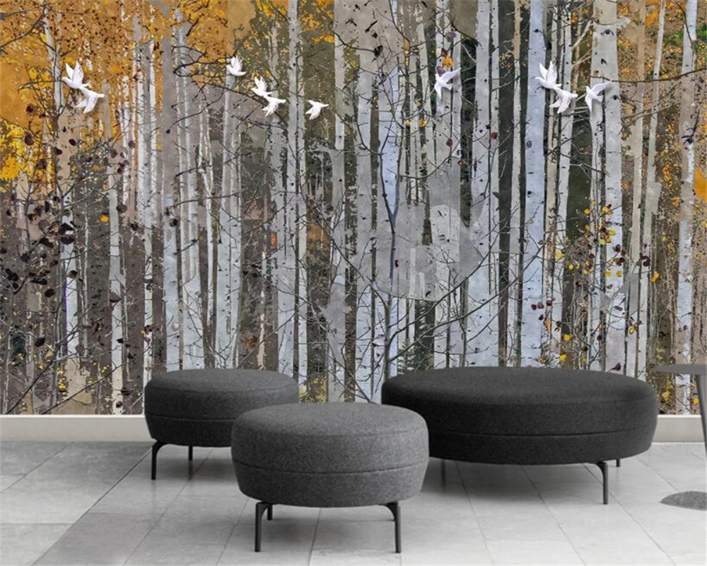 silk cloth wallpaper abstract Hand Painted birch forest TV sofa background wall papel de parede 3d wallpaper